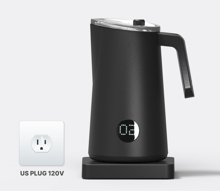 A black NanoFoamer PRO milk frother with US Plug on a light background, displaying a digital readout the program